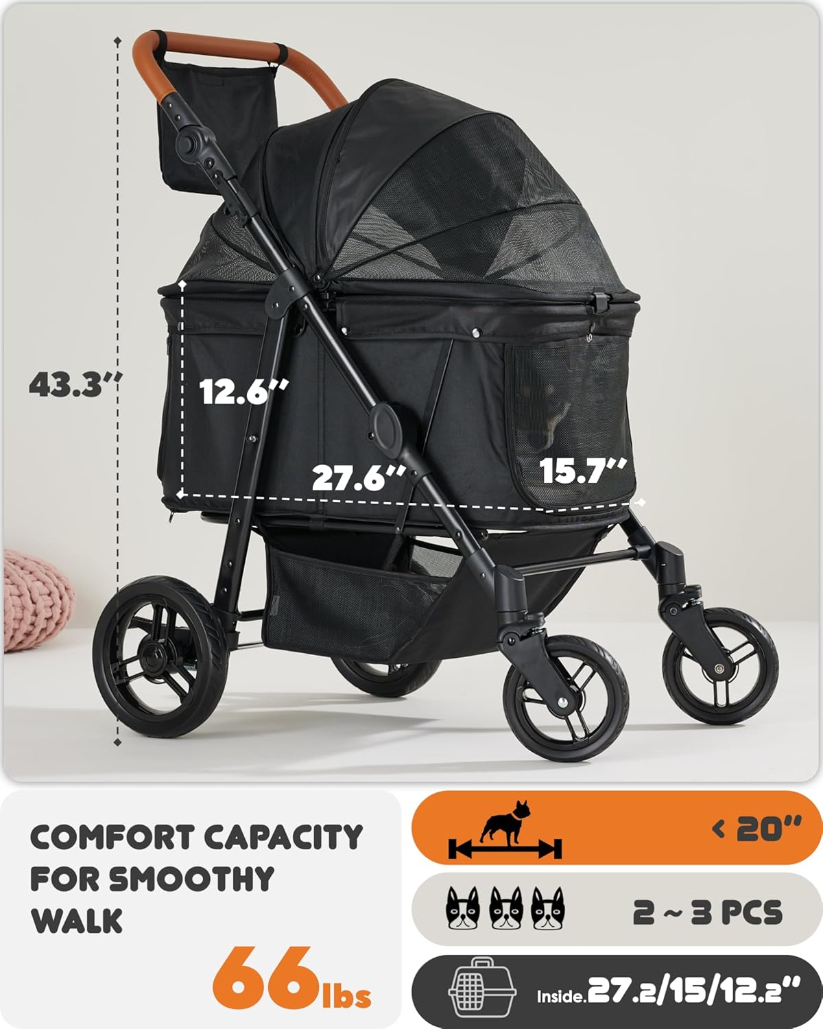 Medium Dog Stroller for Large Dogs, pet Stroller for Medium Dogs Up to 66lbs, All-Terrain with Adjustable Handle & Canopy, Sun Shades, Storage Organizer, Waterproof Oxford Fiber