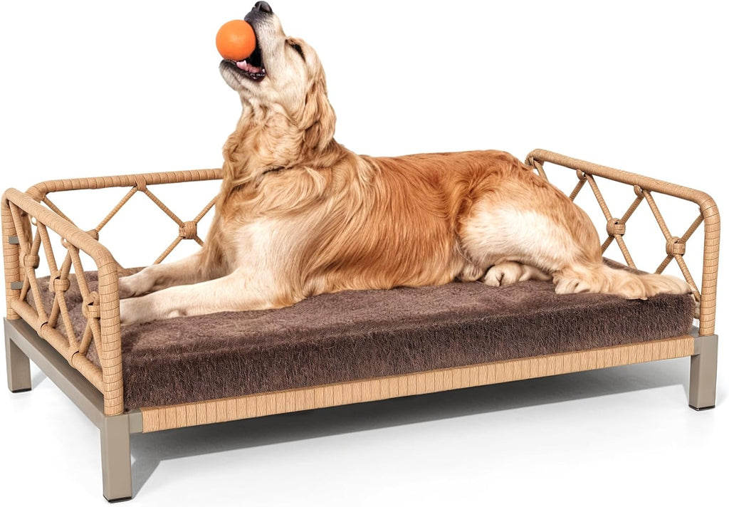 Dog Bed with Cushion, Cooling Elevated Raised Beds with Rattan Breathable Mesh and Universal Mat, Indoor & Outdoor Pet Cots for Large Dog, Brown