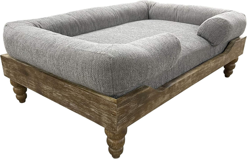 Large Washed Oak Dog Bed - Farm House Style - for Dogs 50 lbs and Under - Orthopedic Memory Foam - Carved Wooden Legs - Luxury Pet Sofa