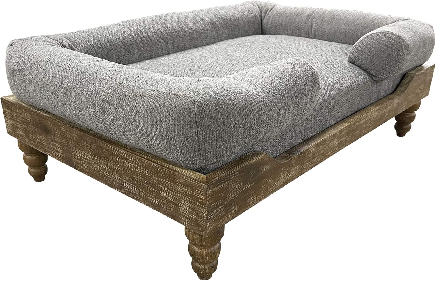 Large Washed Oak Dog Bed - Farm House Style - for Dogs 50 lbs and Under - Orthopedic Memory Foam - Carved Wooden Legs - Luxury Pet Sofa