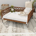Small Dog Bed, Waterproof Elevated Dog Couch with Washable Removable White Cushion, Boho Rattan Dark Brown Wicker Orthopedic Pet Sofa for Outdoor, Indoor