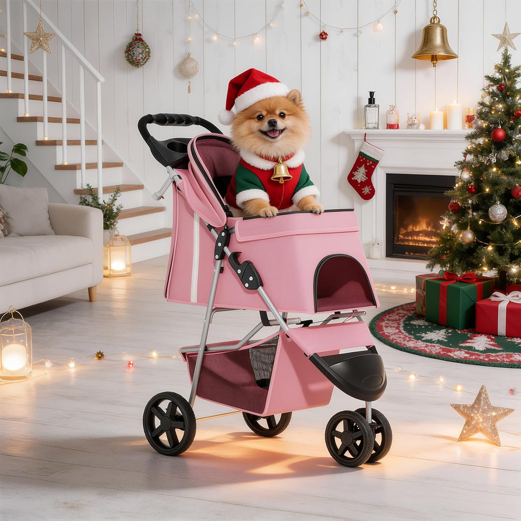 3-Wheels Foldable Pet Stroller with Waterproof Cover, Pet Strolling Cart for Small/Medium Dogs and Cats with Storage Basket and Cup Holder, Breathable and Visible Mesh for All-Season, Pink