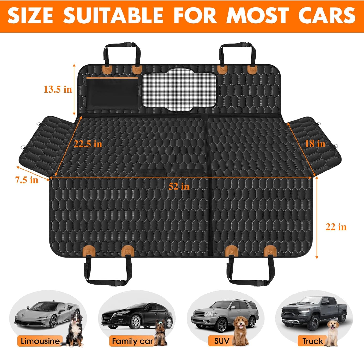 Dog Back Seat Cover, Waterproof Scratch Proof Nonslip Dog Hammock for Car, Car Seat Cover for Back Seat with Sanitary Pad Mesh & Pocket for Cars SUVs and Trucks - S, Black/Orange