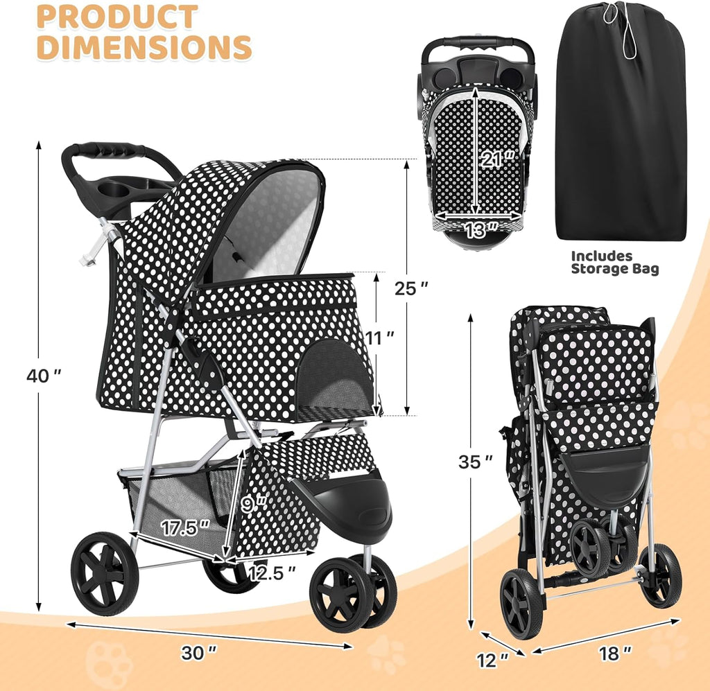3-Wheel Pet Stroller, Foldable Travel Jogger for Small & Medium Dogs & Cats (Up to 33lbs), Lightweight Carrier with Breathable Mesh Cover, Cup Holder & Storage Basket, Black Polka Dots
