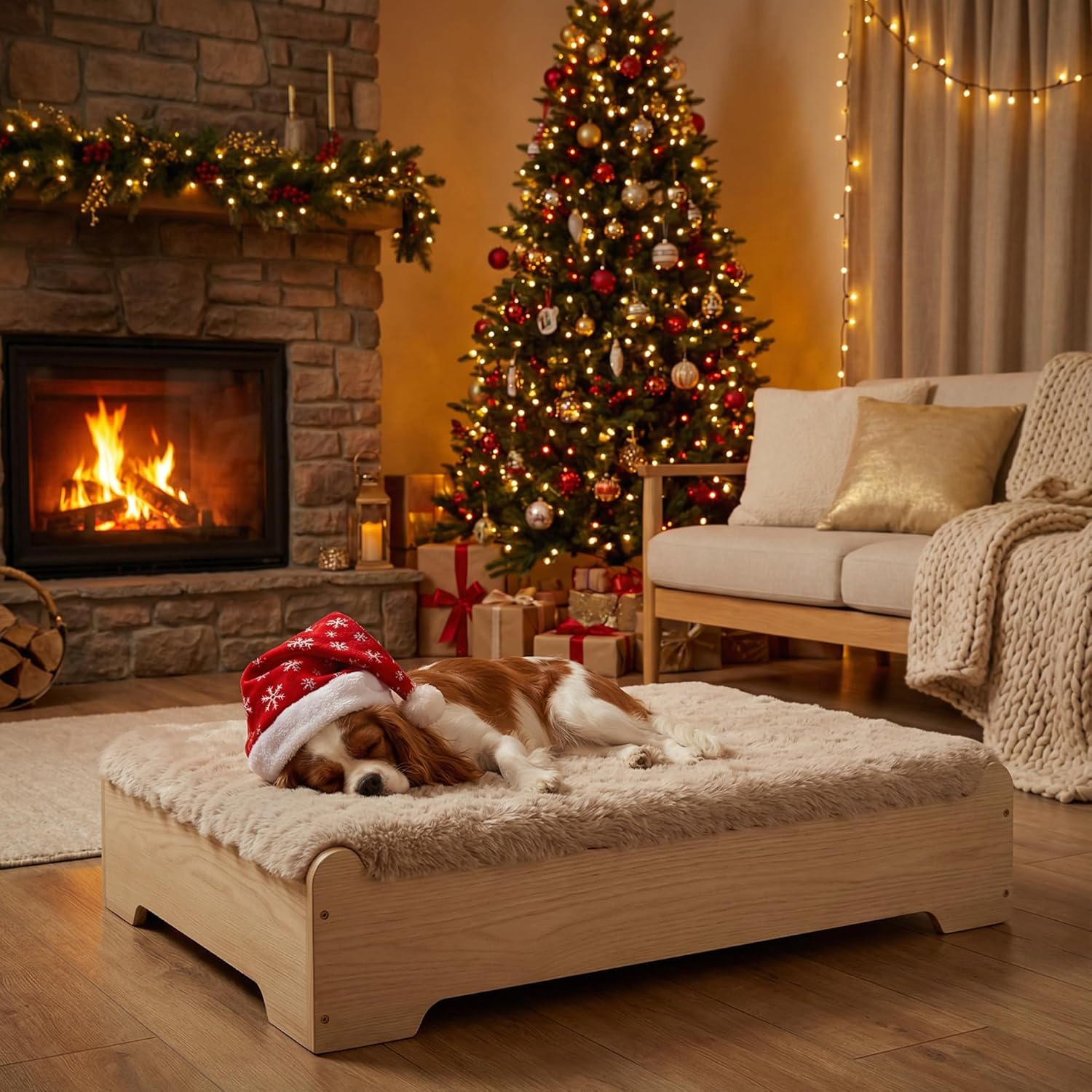 Elevated Dog Bed and Mattress with Removable Washable Cover, Egg Crate Foam, Wooden Frame, Suitable for Pet Up to 40 lbs, Naturalwood S