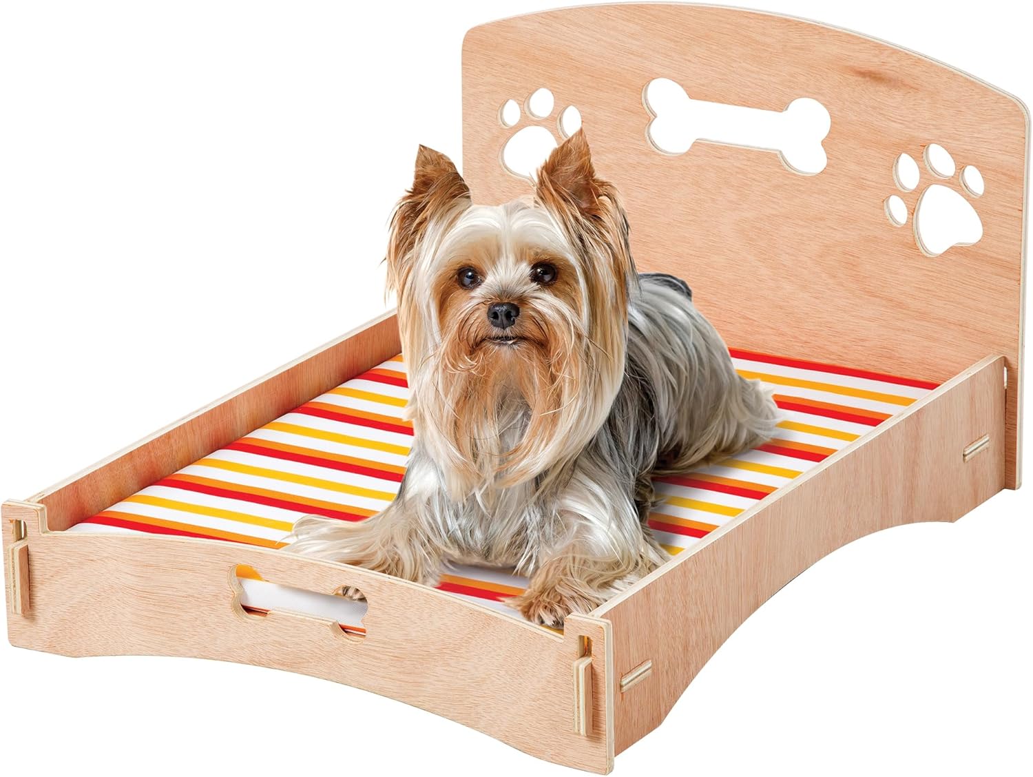 Products Wooden Dog Bed Bone and Footprint Design with Removable Stripe Cushion, Small Pet Bed for Indoor/Outdoor Use 22" L x 16" W x 12" H