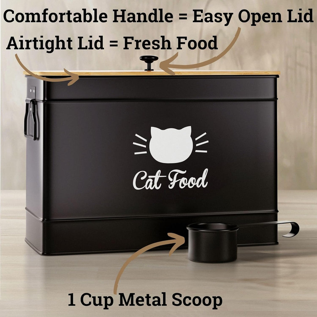 Cat Food Storage Container with Scoop - 15 lb (50 Cup) Capacity Metal Cat Food Container with Airtight Bamboo Lid & Metal Scoop - Airtight Pet Food Storage Containers - 15 lb Treats & Kibble Container