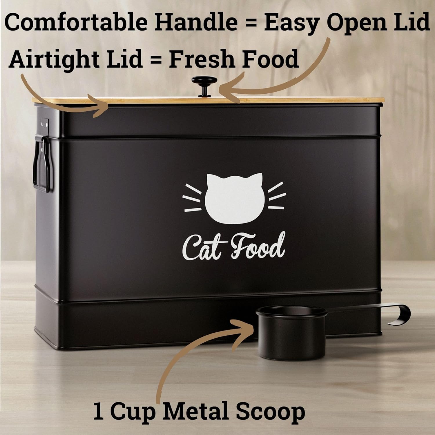 Cat Food Storage Container with Scoop - 15 lb (50 Cup) Capacity Metal Cat Food Container with Airtight Bamboo Lid & Metal Scoop - Airtight Pet Food Storage Containers - 15 lb Treats & Kibble Container