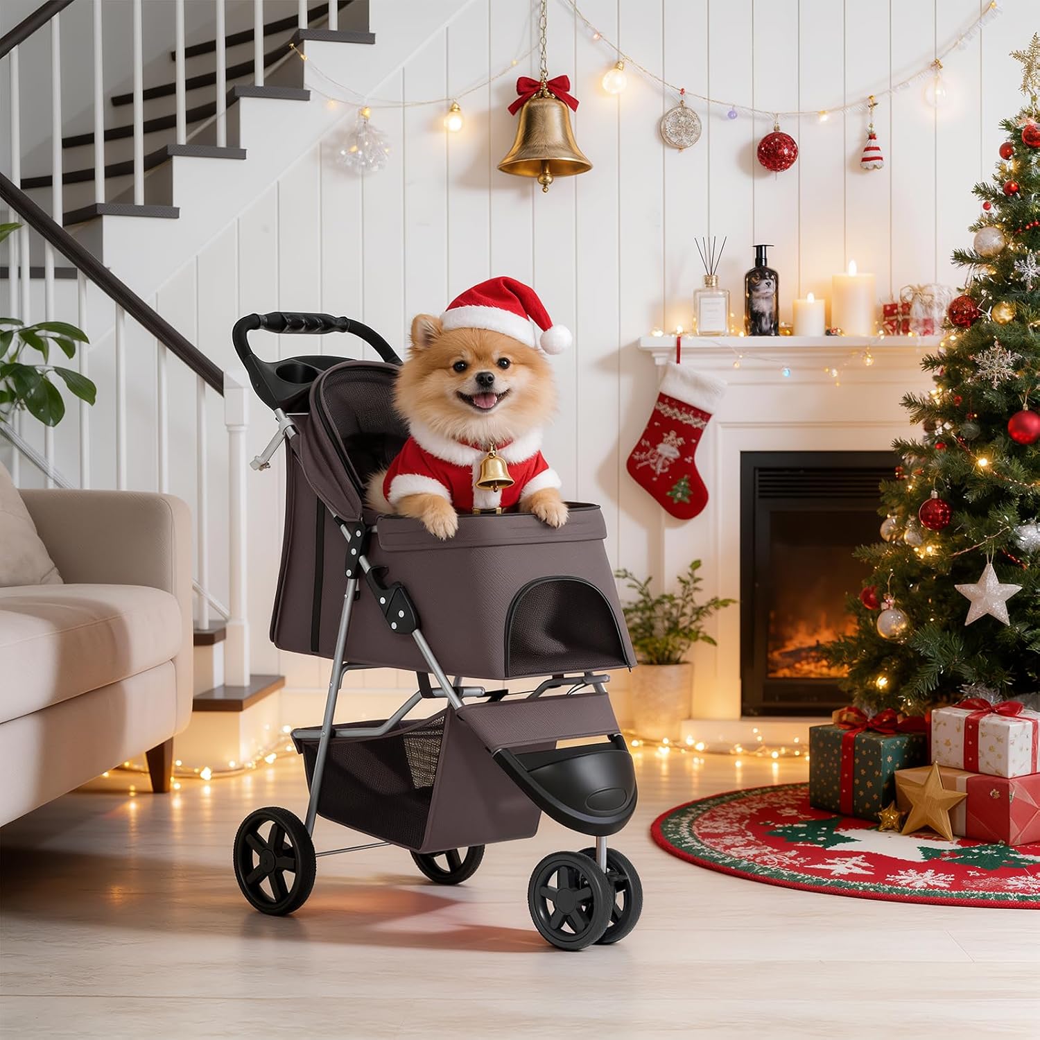 Foldable Dog Strollers for Small Dogs with Weather Cover, 3 Wheels Pet Strolling Cart for Dogs and Cats with Storage Basket and Cup Holder, Breathable and Visible Mesh for All-Season, Coffee