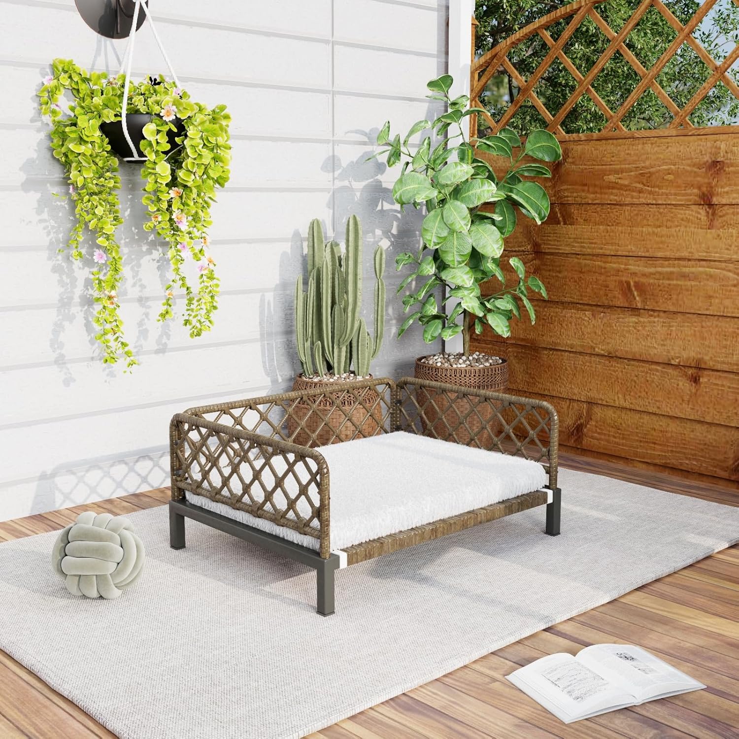 Outdoor Wicker Dog Bed Indoor Rattan Dog Sofa with Soft Cushion (Brown Wicker/White Cushion, Small)